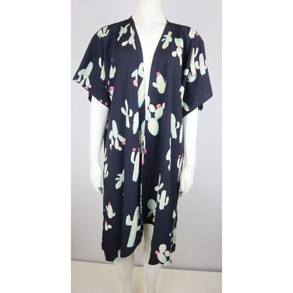 FILLY FLAIR - WOMEN'S BLUE CACTUS PRINT SILKY TEXTURED DUSTER TOP  - SIZE S - Picture 3 of 8